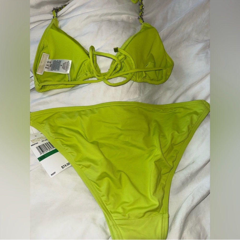 NWT Michael Kors neon Limeade Triangle chains String Bikini Top M Bottom L - Picture 10 of 15